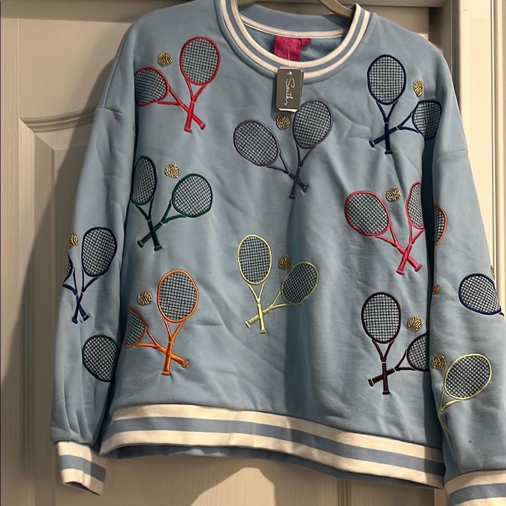 Queen of Sparkles Blue Sweatshirt with Tennis Racket Embroidery